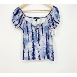 Derek Heart Blue Striped Tie Dye Tie Square Neck Short Puff Sleeve Shirt Medium‎